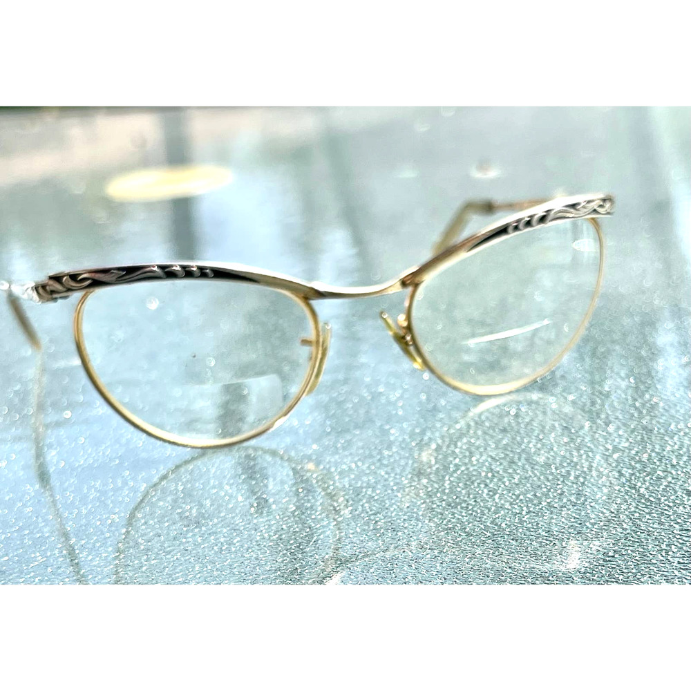 Vintage Womens 1950s 12k Gold Filled Cat Eye Glasses With Black Enameling